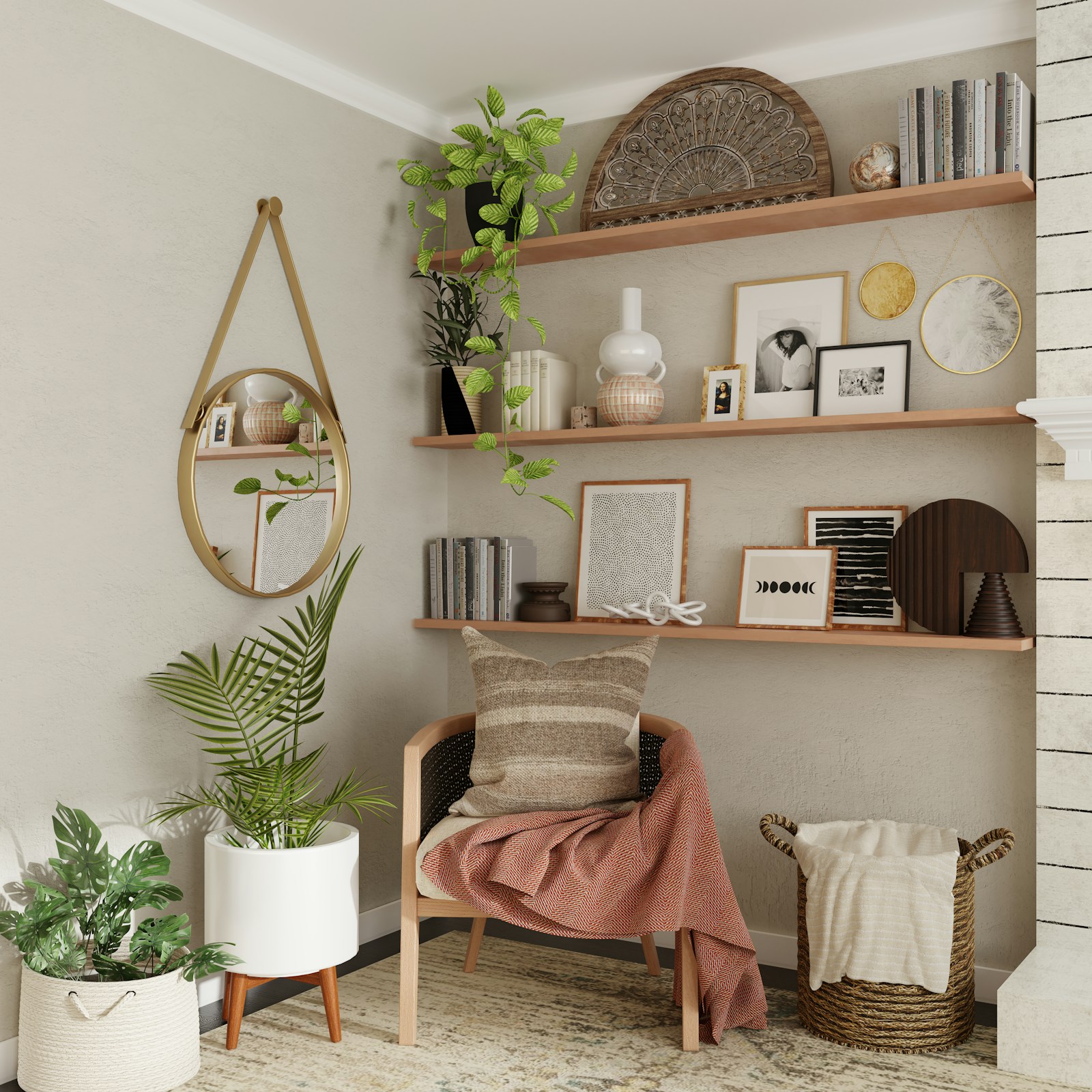 Open wall shelves with baskets, plants and decor