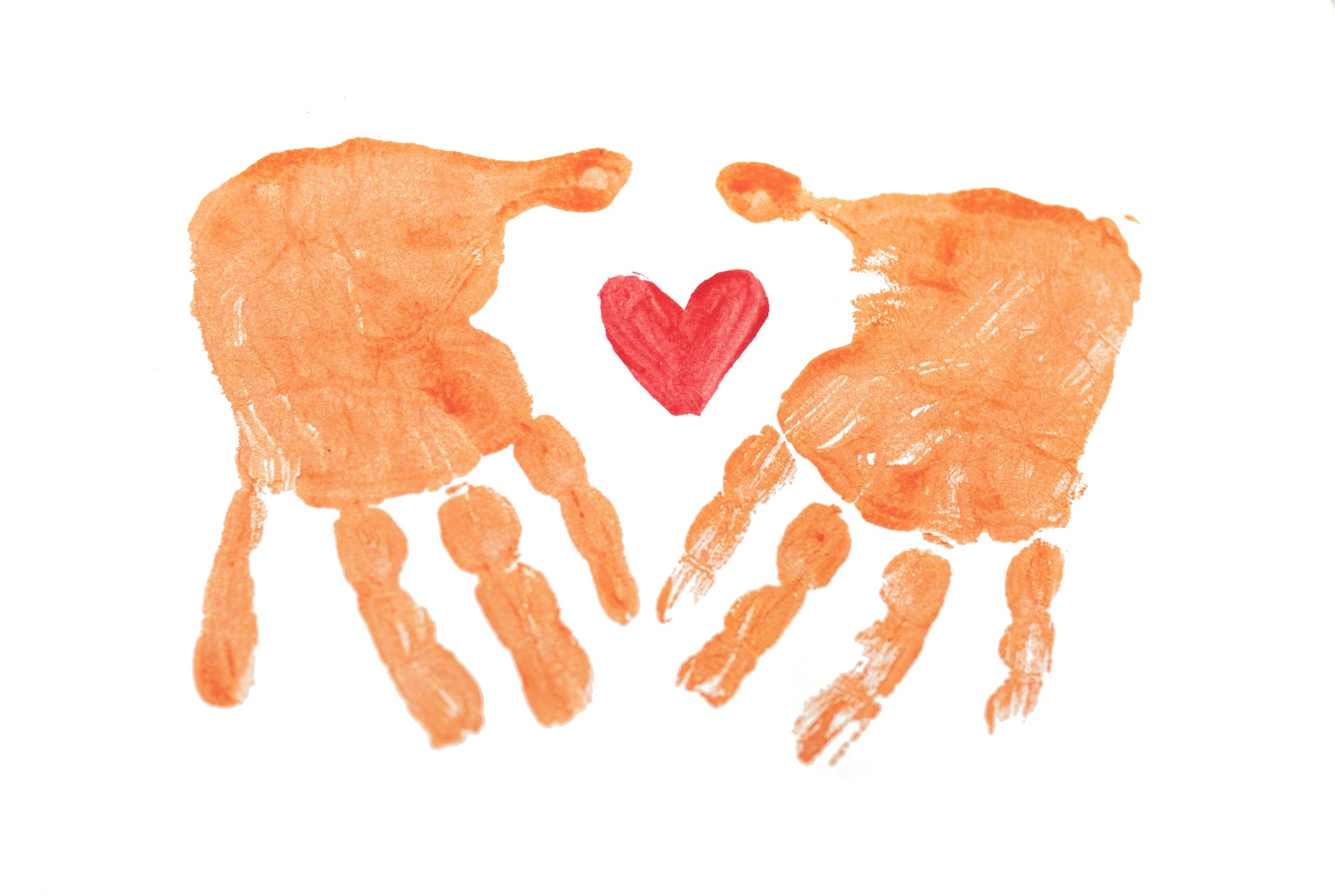 Handprint and footprint crafts: two orange handprints with a small red heart between them