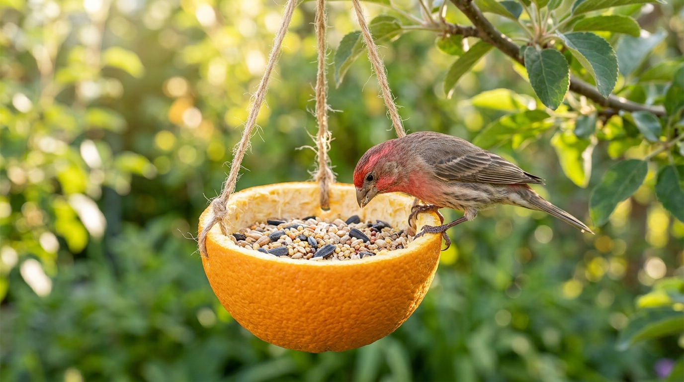Orange peel bird feeder hanging from a branch with a house finch