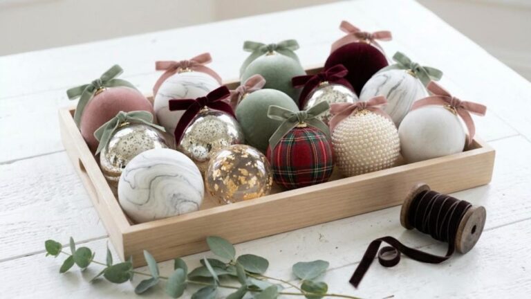 Ornament Makeovers in a wood tray: velvet, marble, mercury glass, gold leaf, plaid and pearl ornaments with velvet bows