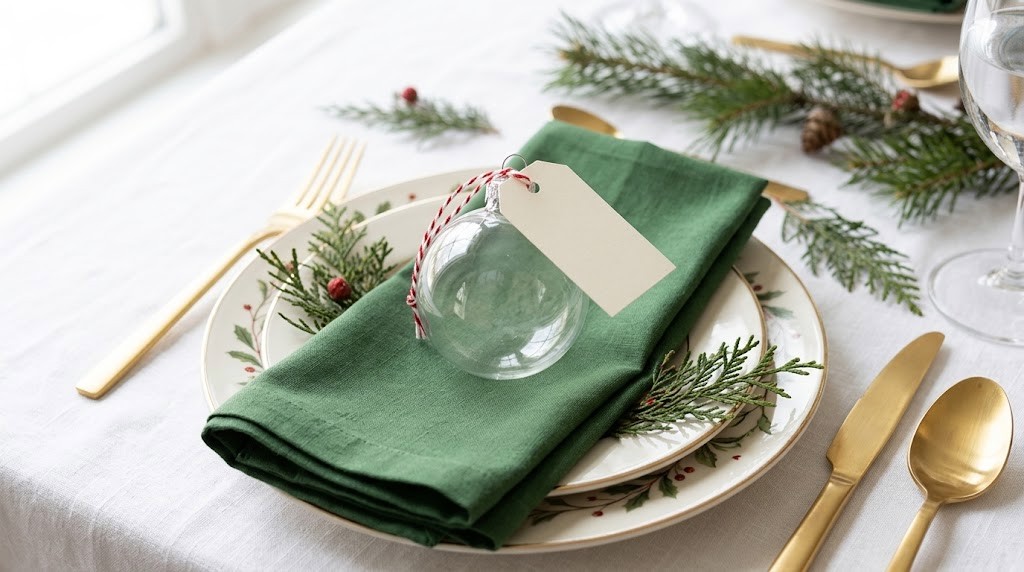 Emily Post Christmas table favor: glass ornament with a blank name tag on a green napkin