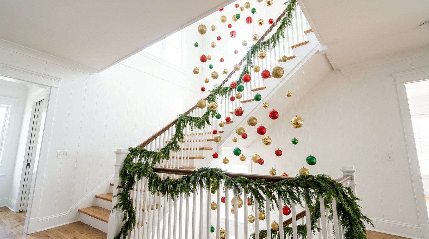 Waterfall of red, gold and green baubles hanging above a white staircase