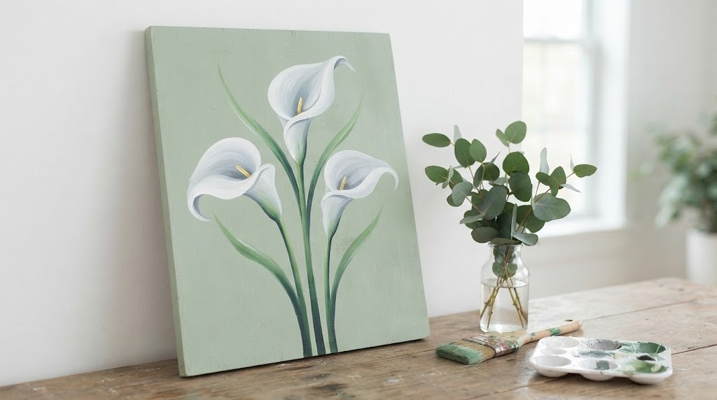 Three white calla lilies painted on a sage green board