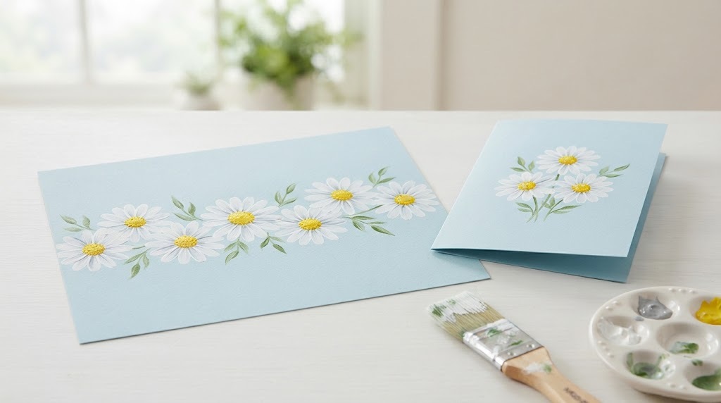 One stroke painting of white daisies on pale blue card stock and a folded card