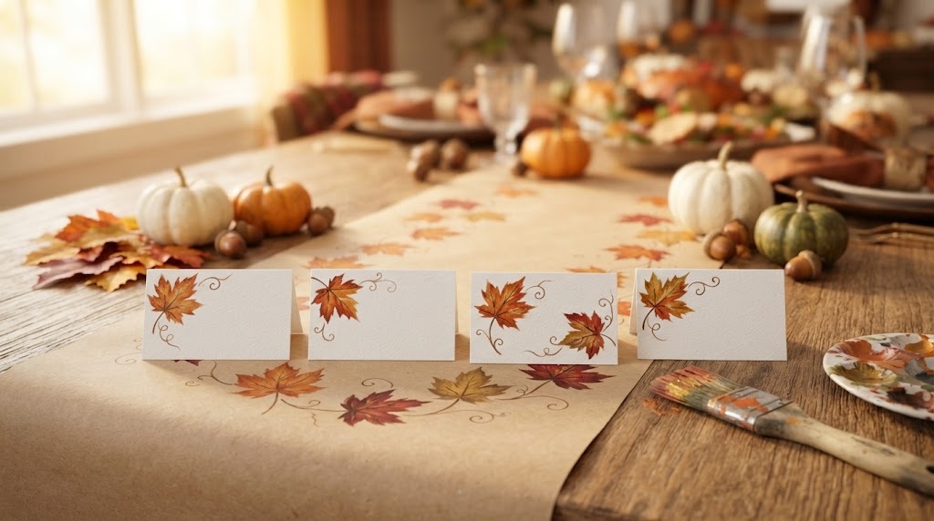 Fall leaves painted on place cards and a kraft paper table runner