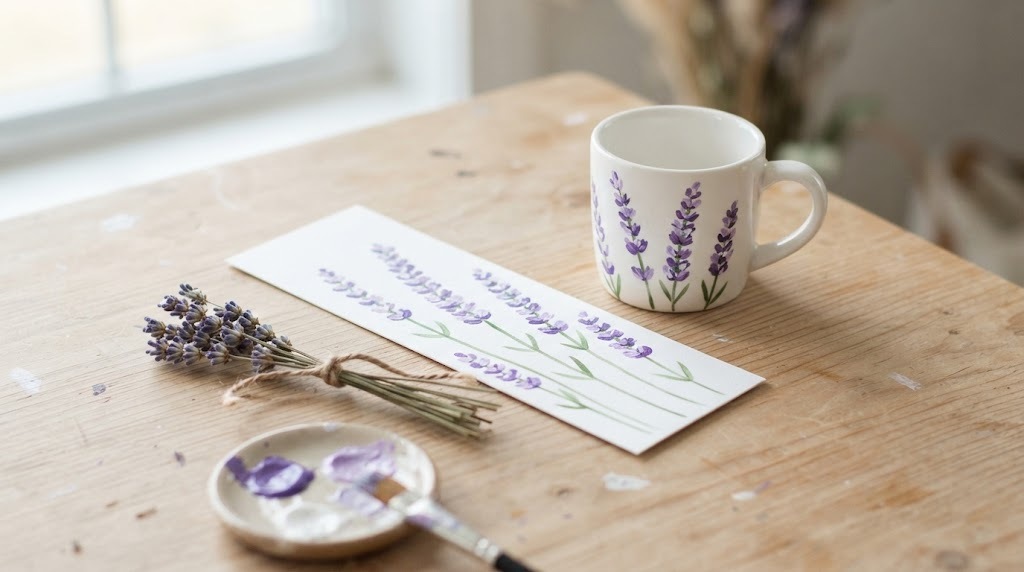 Lavender sprigs painted on a bookmark and a white mug next to dried lavender