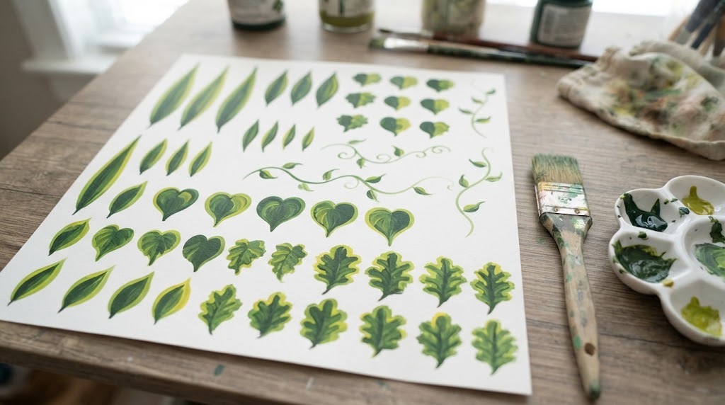 Practice sheet of green one stroke leaves and curling vines