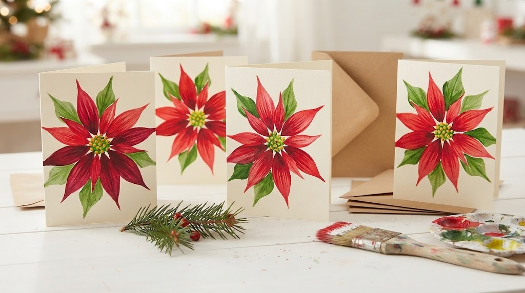 One stroke painting of red poinsettias on handmade Christmas cards