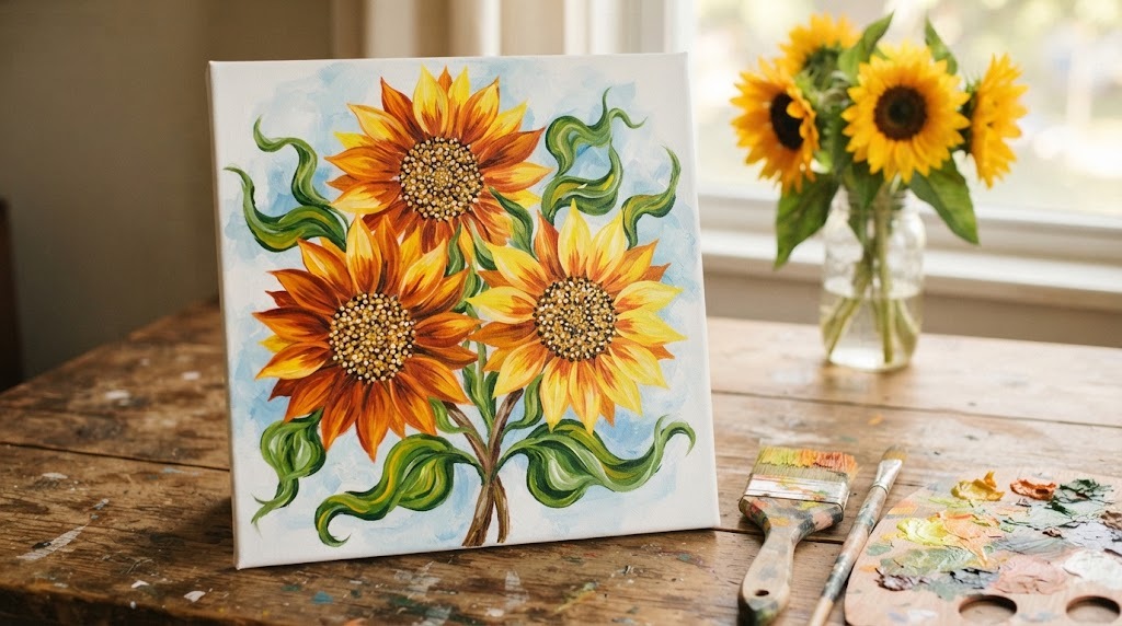 One stroke painting of three sunflowers on a square canvas
