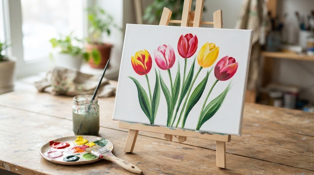 Red, yellow and pink one stroke tulips on a small canvas on an easel