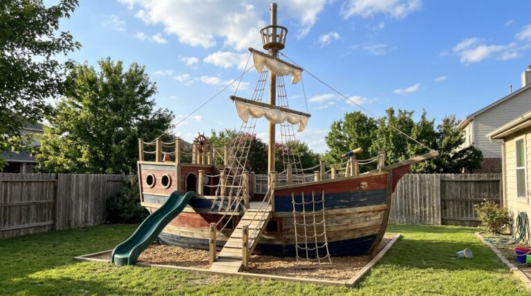Over the top DIY pirate ship playhouse with sails and a rope ladder in a sunny backyard