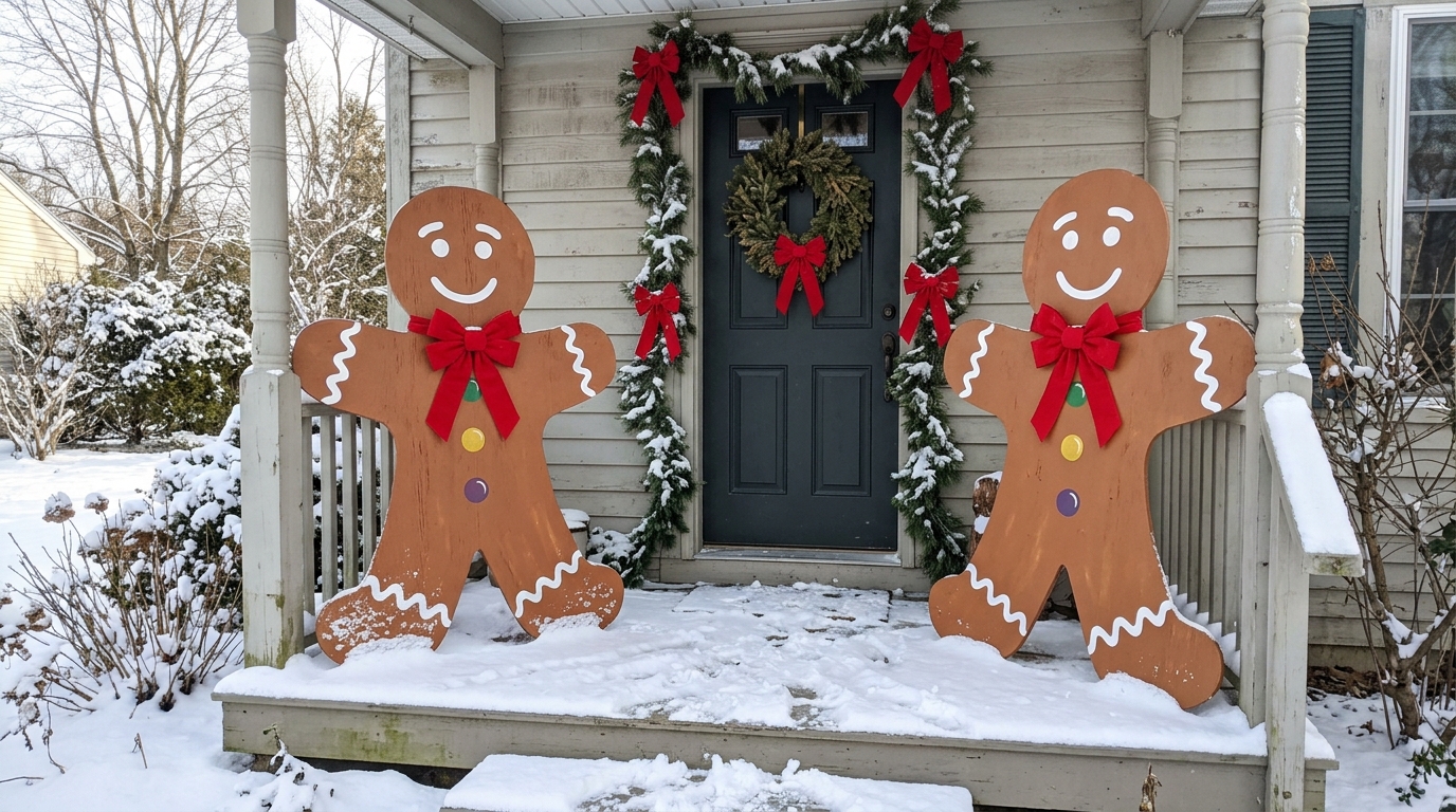 Oversized painted gingerbread man cutouts on a snowy porch