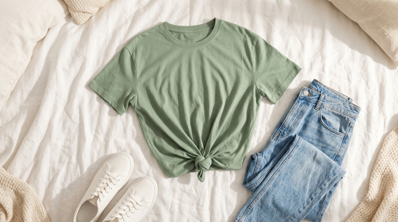 Sage green T-shirt tied in a front knot laid on a bed with jeans and sneakers