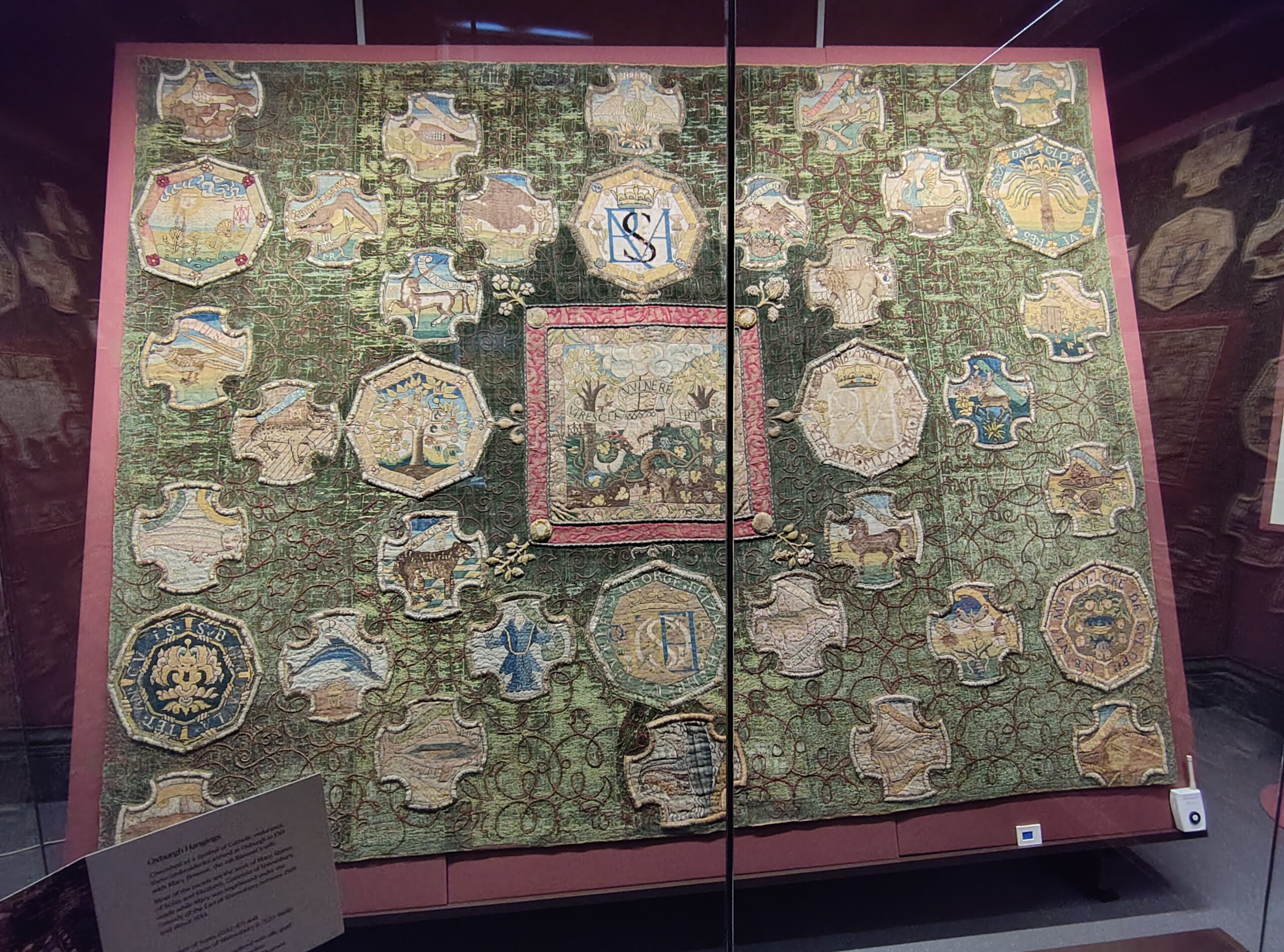 The Marian Hanging, part of the Oxburgh Hangings needlework, on display at Oxburgh Hall