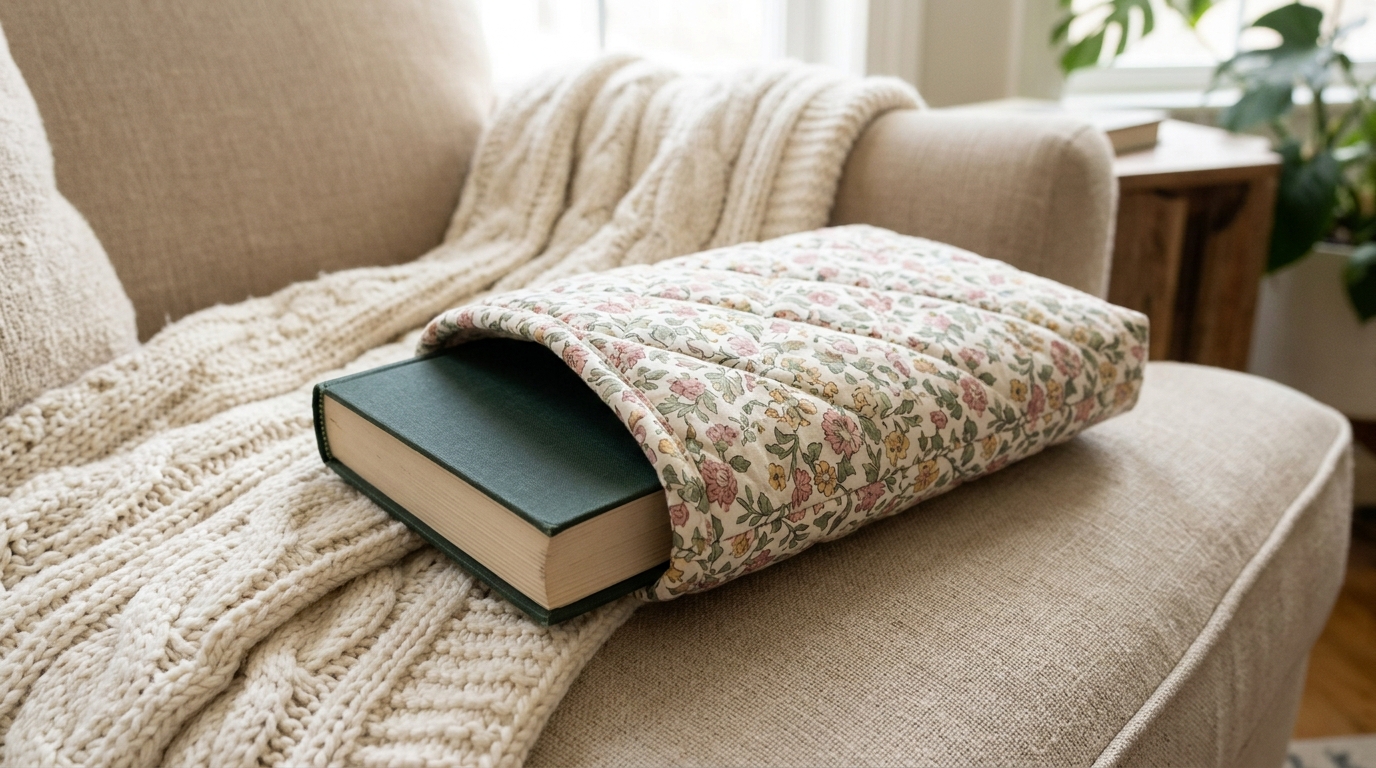 Floral quilted book sleeve holding a hardcover on an armchair with a knit throw