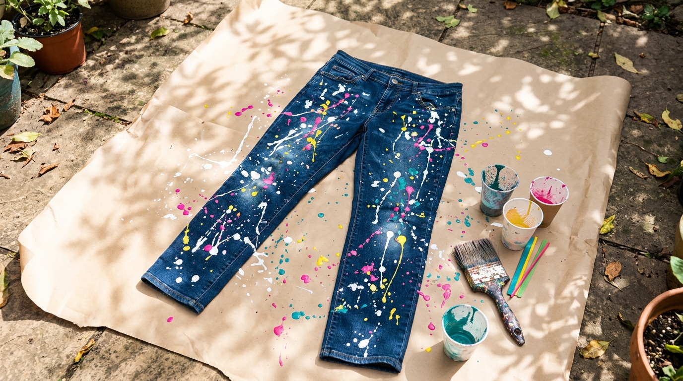 Dark jeans covered in white, pink, yellow and teal paint splatter