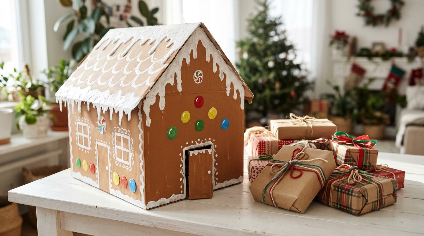 Gingerbread Christmas decor idea: a cardboard box painted like a gingerbread house