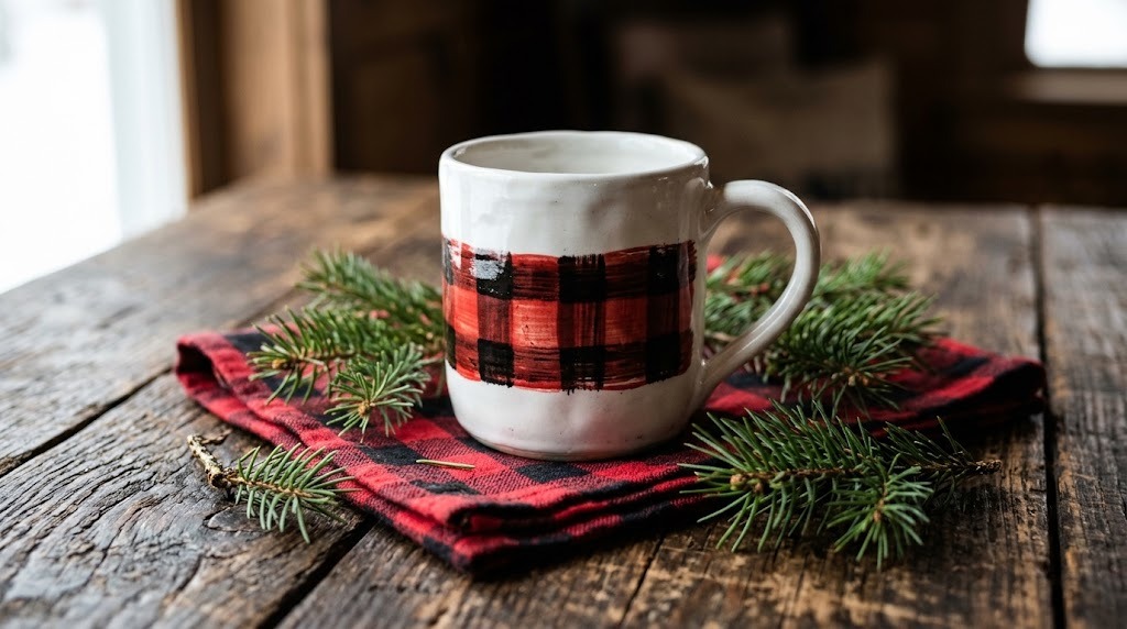 White mug painted with a red and black buffalo check band