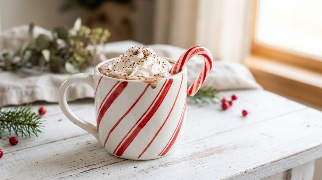 White mug painted with diagonal red candy cane stripes and filled with cocoa