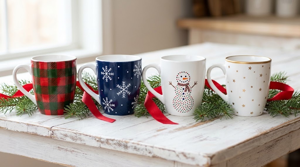 Painted Christmas Mugs: four hand painted mugs with buffalo plaid, snowflakes, a snowman and gold stars on a white table