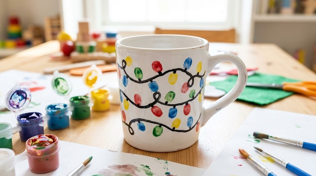 White mug with a painted string and colorful fingerprint dots that look like Christmas lights