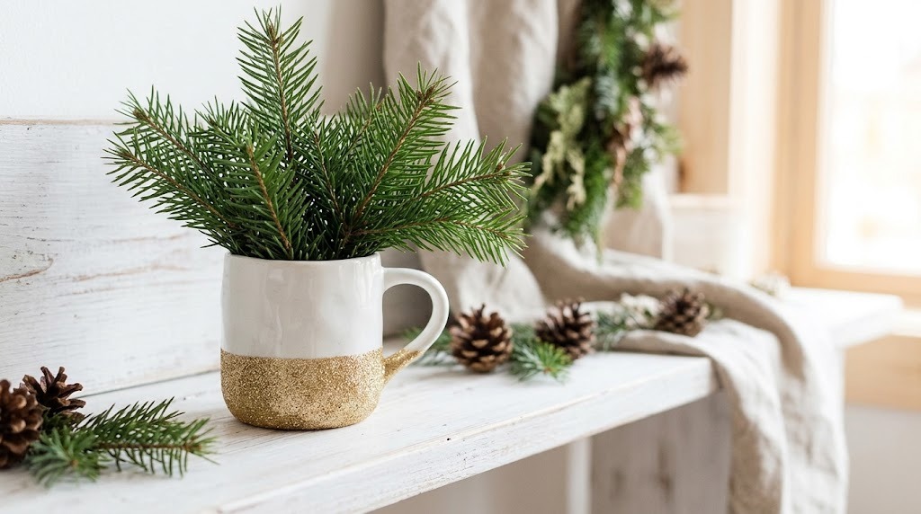 Painted Christmas Mugs: a white mug with a gold glitter dipped base holding pine sprigs