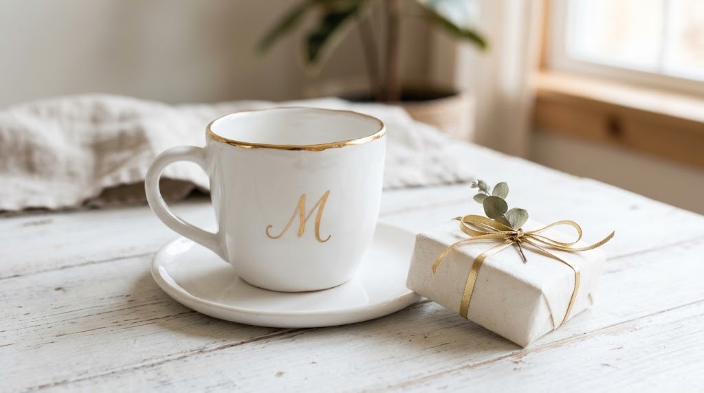 White mug with a gold rim and a single gold letter monogram on a saucer
