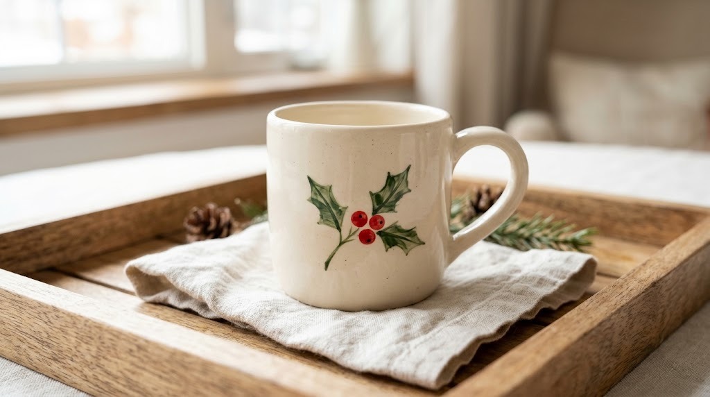 Cream mug painted with a green holly sprig and red berries
