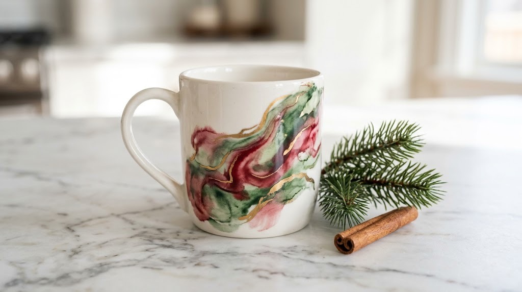 White mug with a marbled watercolor swirl of red, green and gold