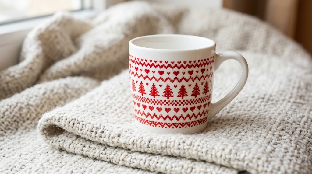 Painted Christmas Mugs: white mug with a red Nordic sweater pattern of trees and hearts