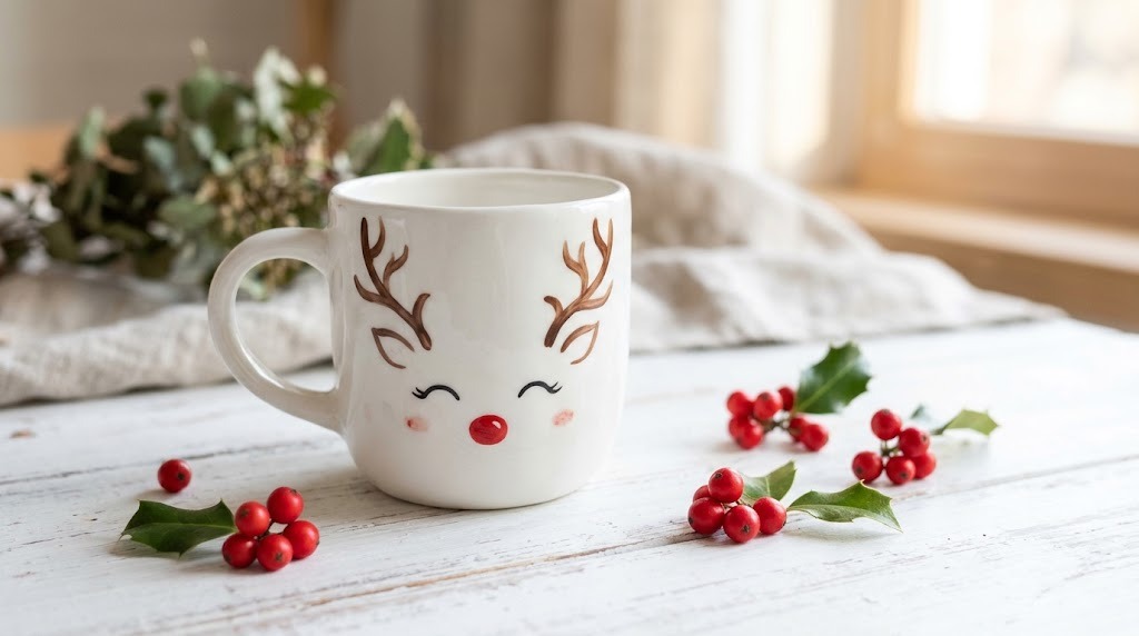 Painted Christmas Mugs: a white mug painted with a cute reindeer face and red nose