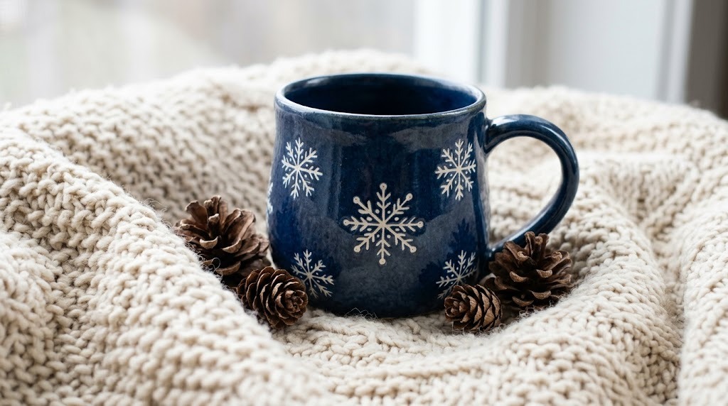 Painted Christmas Mugs idea: navy mug painted with white snowflakes