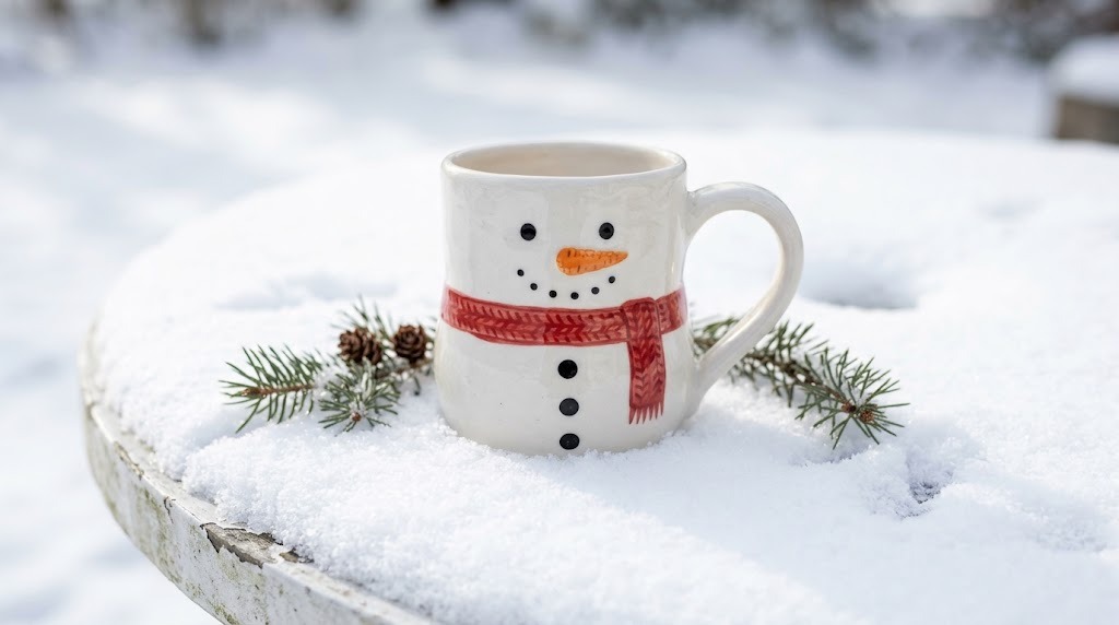 Painted Christmas Mugs: a white mug painted as a cute snowman with a red scarf and carrot nose