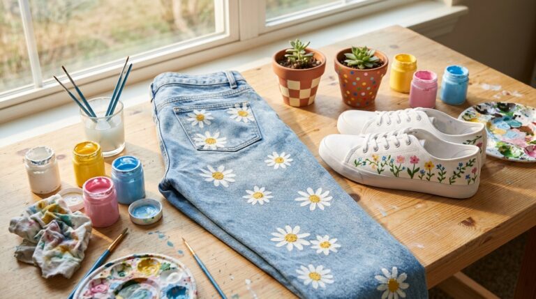 Painted clothes, shoes and pots: daisy painted jeans, flower painted sneakers and painted terracotta pots on a sunny table