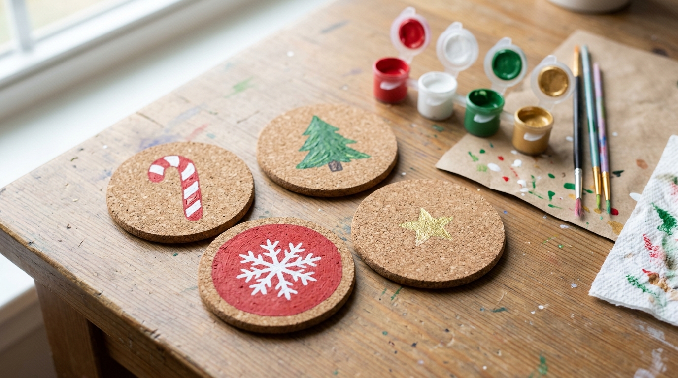 Cork rounds painted with a candy cane, pine tree, snowflake and gold star beside paint pots