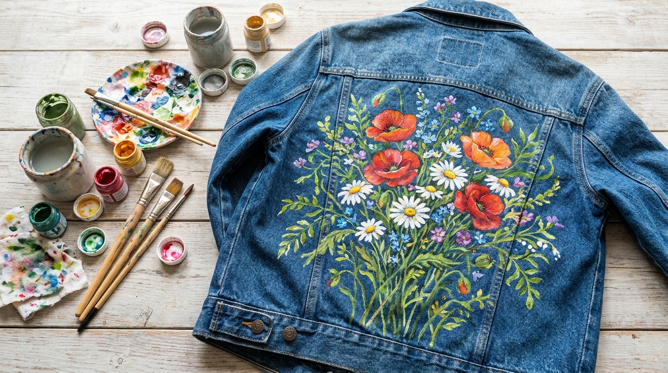 Denim jacket back hand painted with a wildflower bouquet