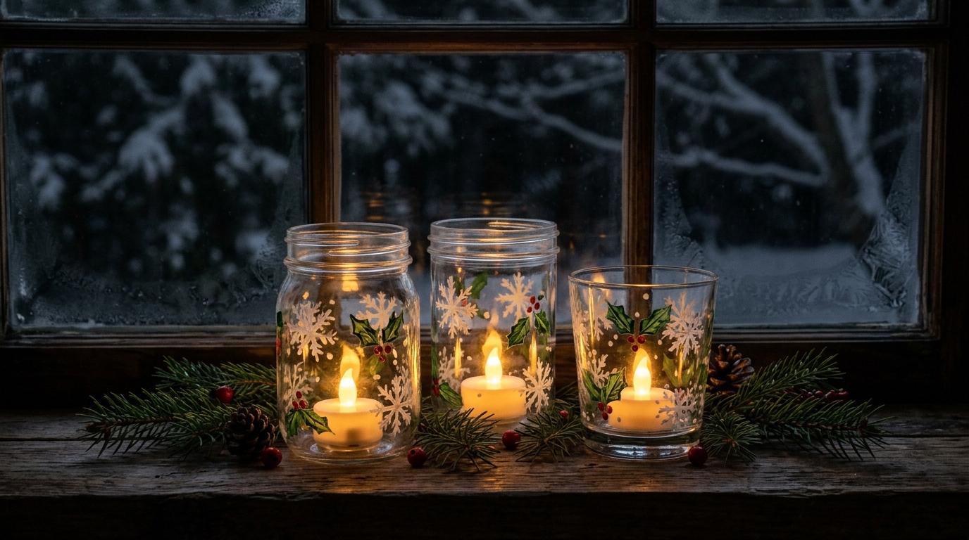 Small glass jars painted with snowflakes and holly glowing with battery LED tea lights on a windowsill