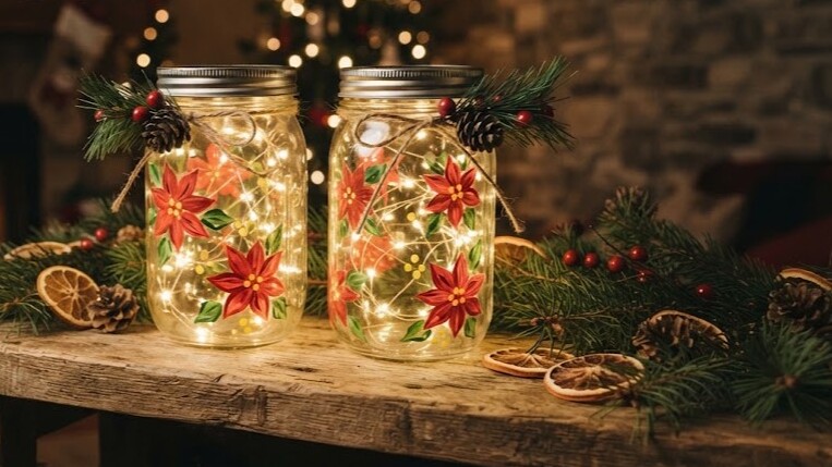 Glass jars hand painted with red poinsettias and glowing with LED fairy lights on a shelf