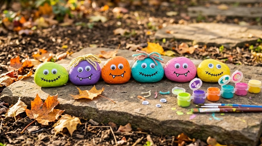 Colorful painted rock monsters with googly eyes on a garden stone