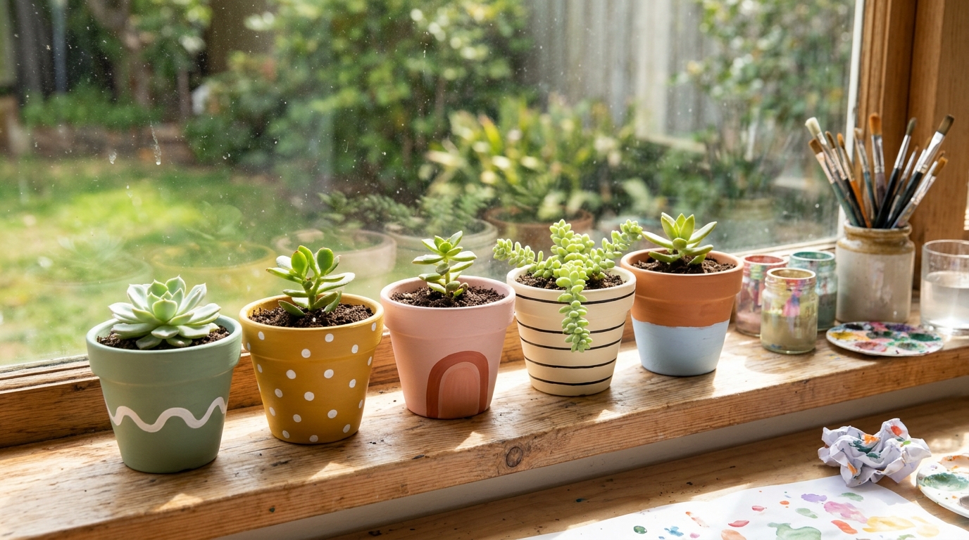 Row of terracotta pots painted sage, mustard, blush, cream and blue with plants