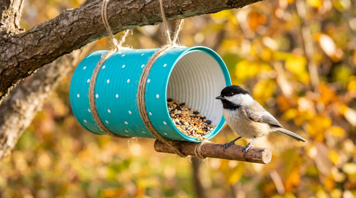 Turquoise polka dot tin can bird feeder with a chickadee on a dowel perch
