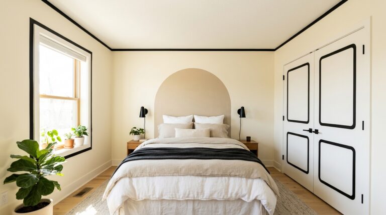 Painted trim ideas in a cream bedroom with a black line at the ceiling, faux panel shapes on closet doors, an outlined window and a painted arch behind the bed