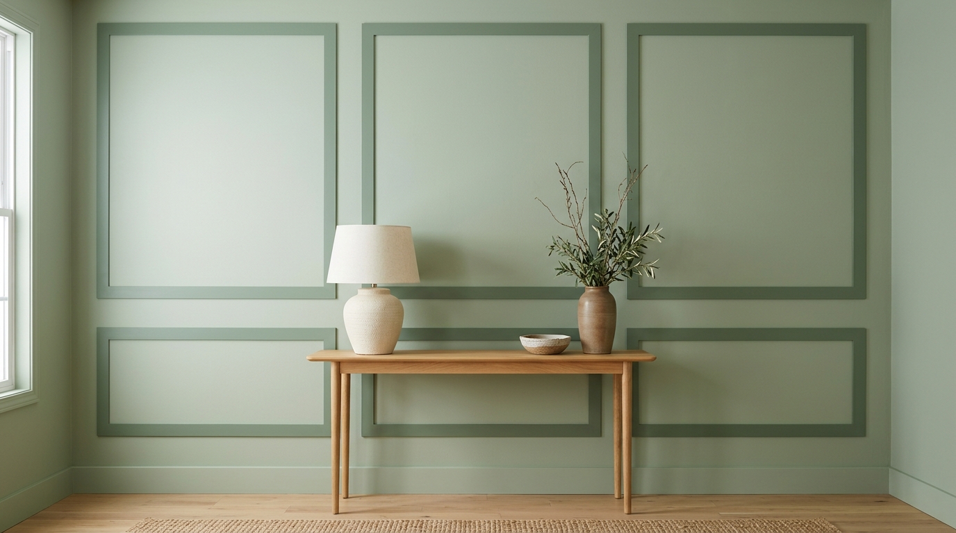 Painted trim ideas living room wall with several painted rectangle outlines a shade darker than the wall like picture frame molding