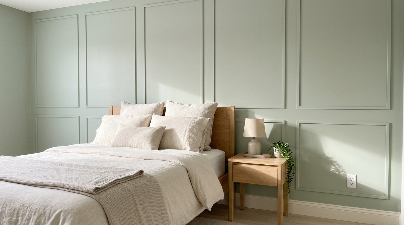 Rental bedroom wall with thin self adhesive trim strips forming rectangle panels painted the same sage color as the wall