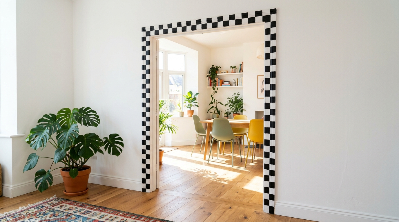 Doorway outlined with a painted black and white checkerboard border on a white wall