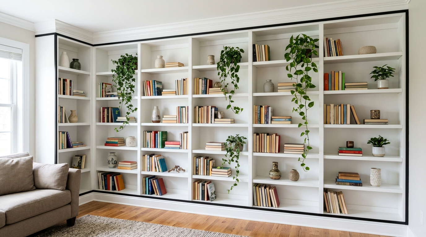 White built in bookshelves with a crisp black painted outline traced around the outer edges