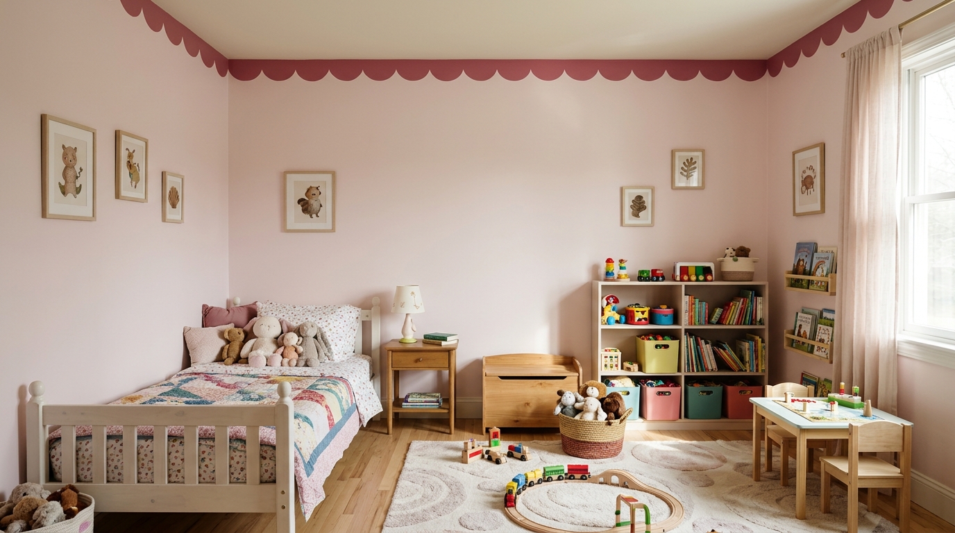 Child's bedroom with a wavy scallop trim line painted in deep rose along the top of pale pink walls