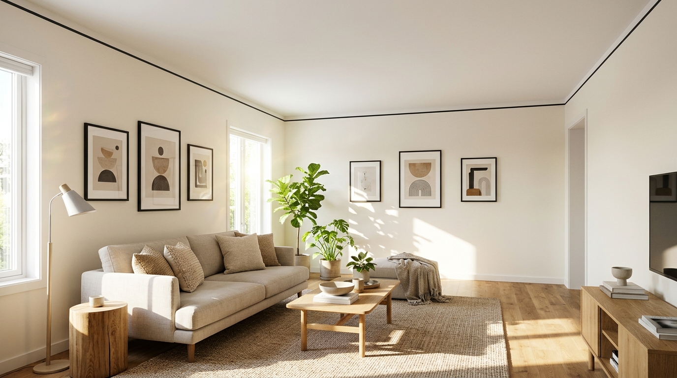 Painted trim ideas thin crisp black painted line along the top of warm white walls where they meet the ceiling
