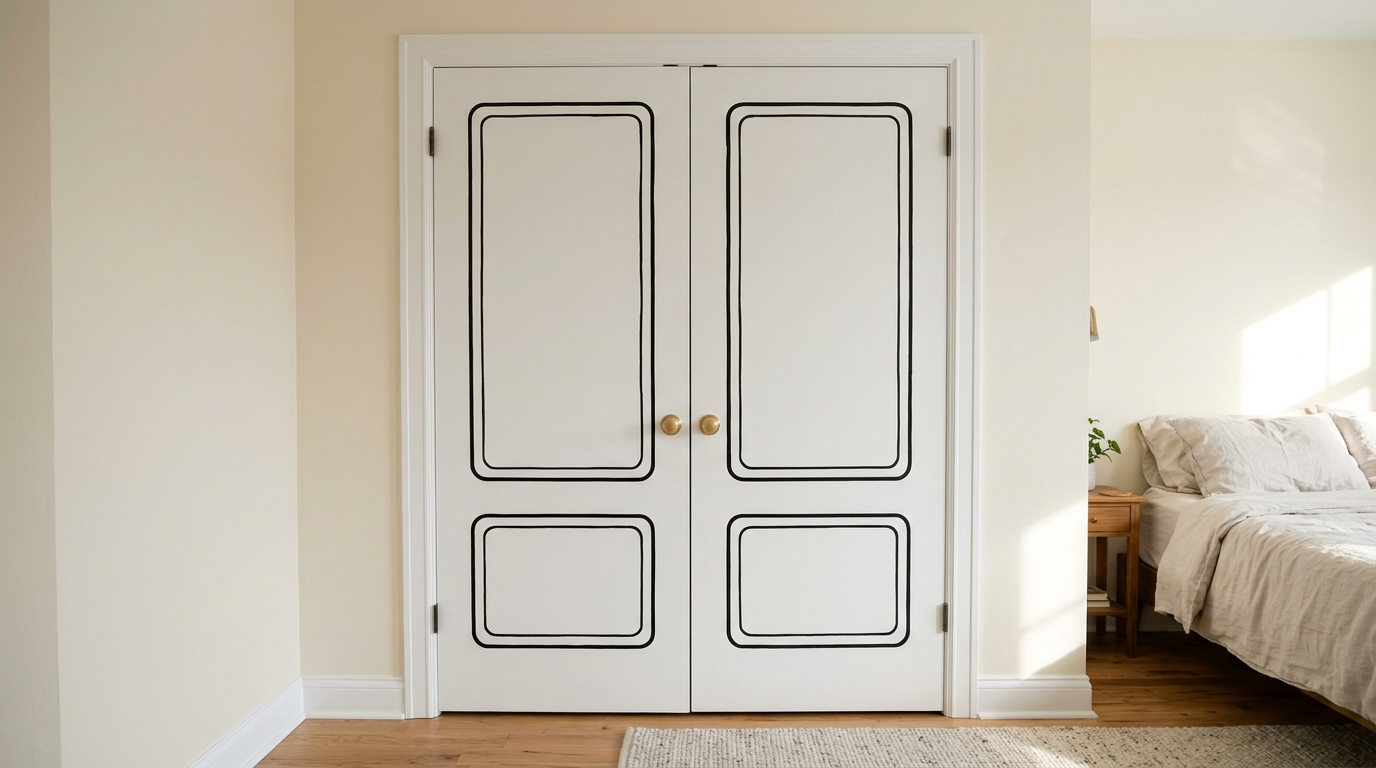 Painted trim ideas flat white closet doors with black painted outline rectangles with rounded corners that look like panel molding