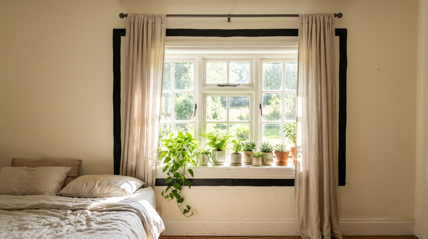 Window in a cream bedroom framed by a thick painted black outline a few inches outside the window frame
